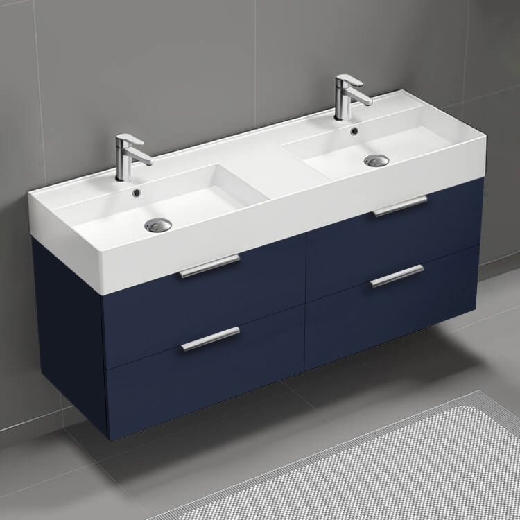 Bathroom Vanity Double Floating Bathroom Vanity, Modern, Blue, 56 Inch, Chrome Handles Nameeks DERIN471
